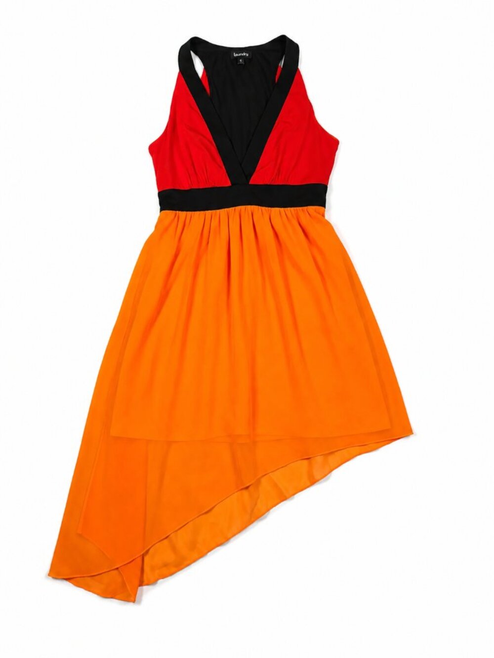 Bebe Colorblock High Low Dress Size 4 Red Orange Black Sleeveless Cocktail Party